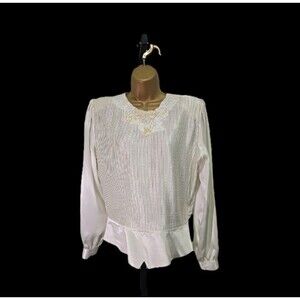 Vtg Beaded Embroidered Romantic Cream Blouse 80s Womens 12 Modest Cottage Fairy